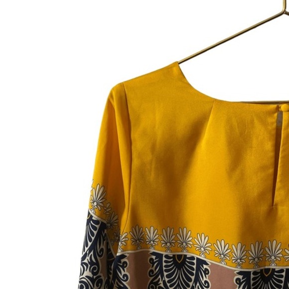 J.Crew Factory Yellow Foulard Border Print Shift Dress 3/4 Sleeve Crew Neck Mini - Picture 10 of 11